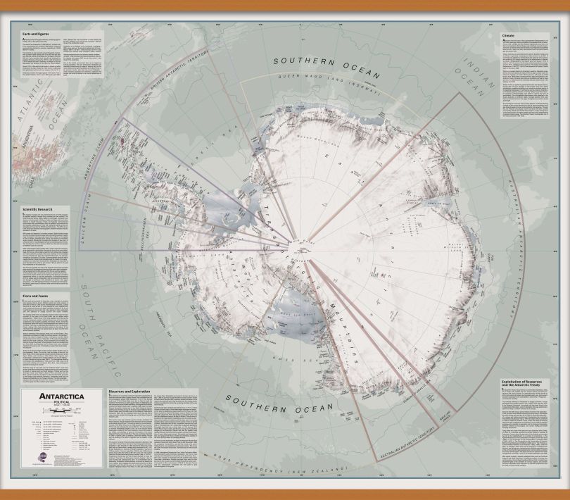 Large Executive Antarctica Wall Map Political (Rolled Canvas with Wooden Hanging Bars)