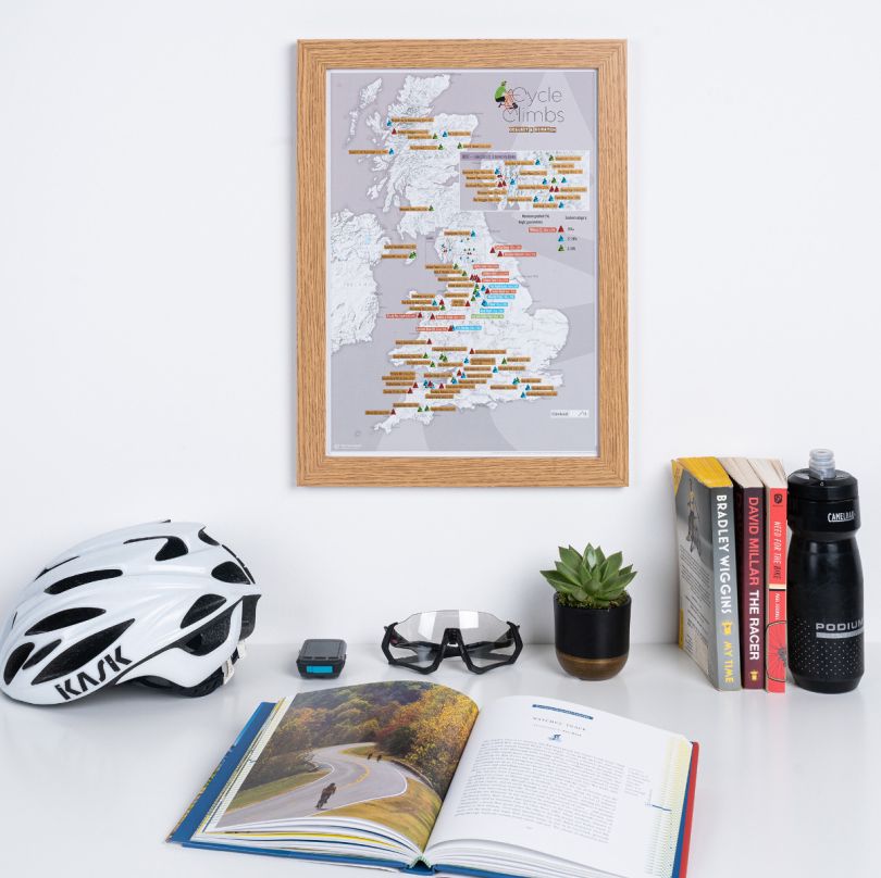 Scratch Off UK Cycle Climbs Print (Pinboard & wood frame - Oak Style)