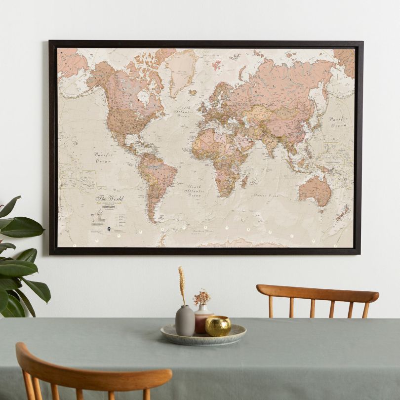 Large Antique World Map (Canvas Floater Frame - Black)