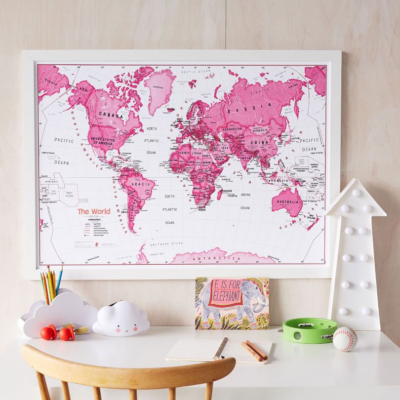 Children's Art Map of the World Pink