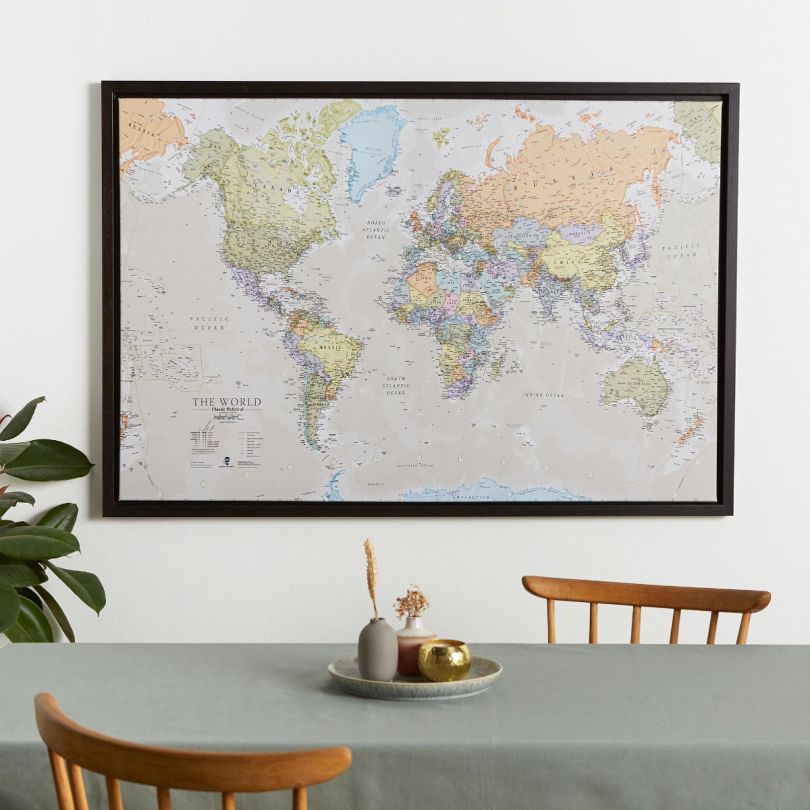 Large Classic World Map (Canvas Floater Frame - Black)