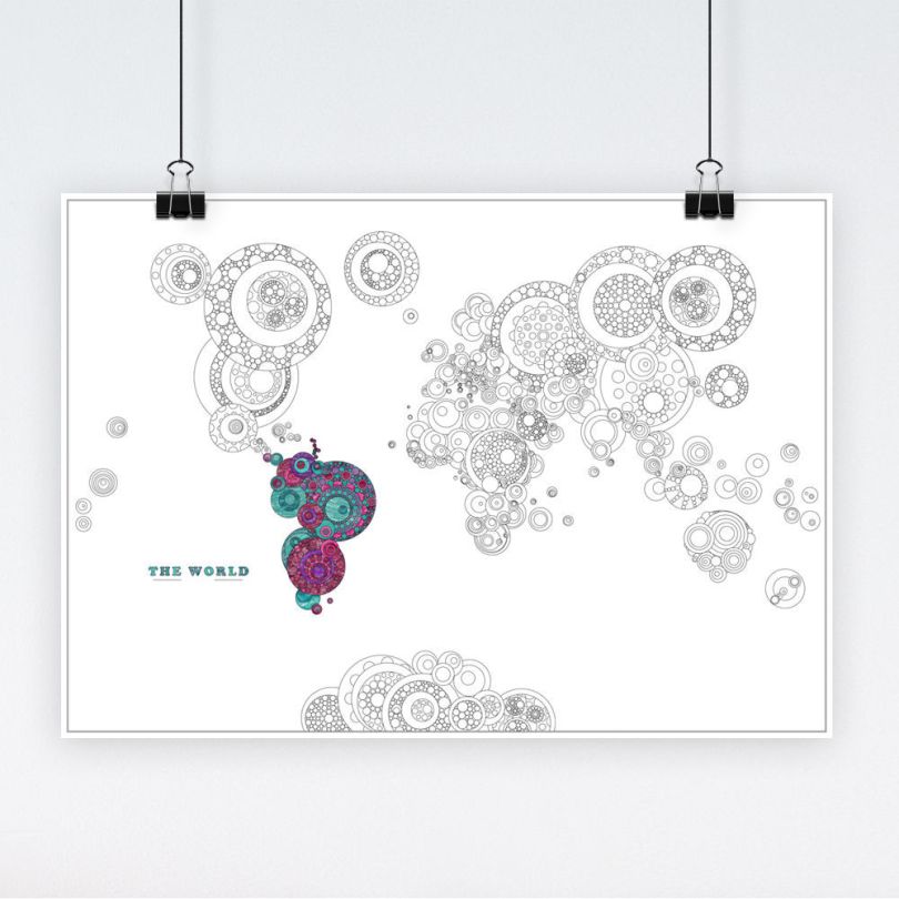 Intricate World Map Circles Colouring Poster for Adults (Paper)