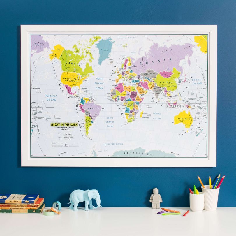 Glow in the Dark Children's World Map (Pinboard & wood frame - White)