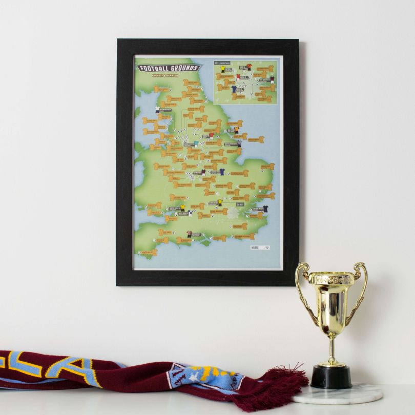 Scratch Off 92 Football Grounds Print (Pinboard & wood frame - Black)