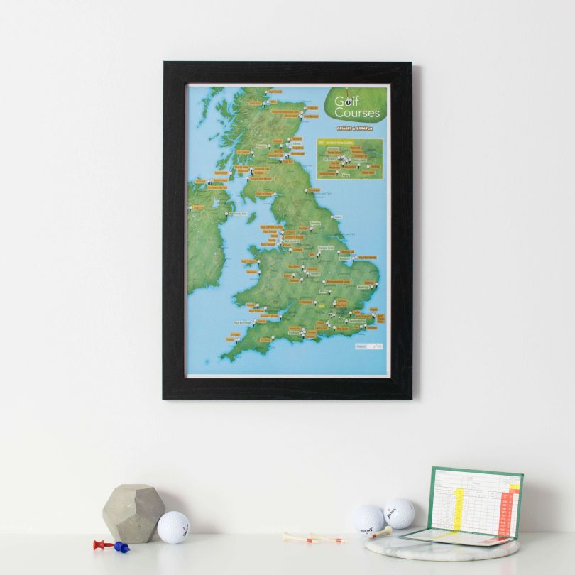 Scratch Off UK Golf Courses Print (Pinboard & wood frame - Black)