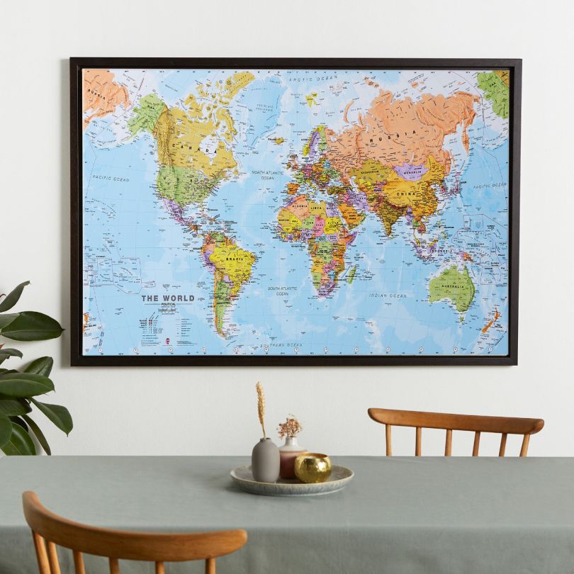 Large World Wall Map Political (Canvas Floater Frame - Black)