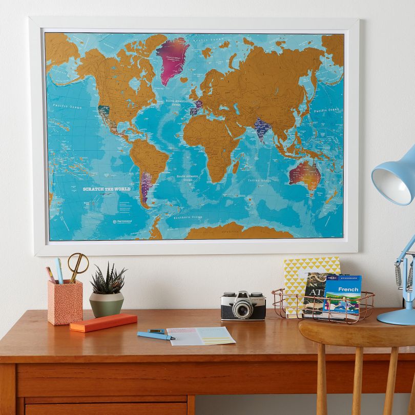 Scratch the World�� - Watercolour Edition Map (Pinboard & wood frame - White)