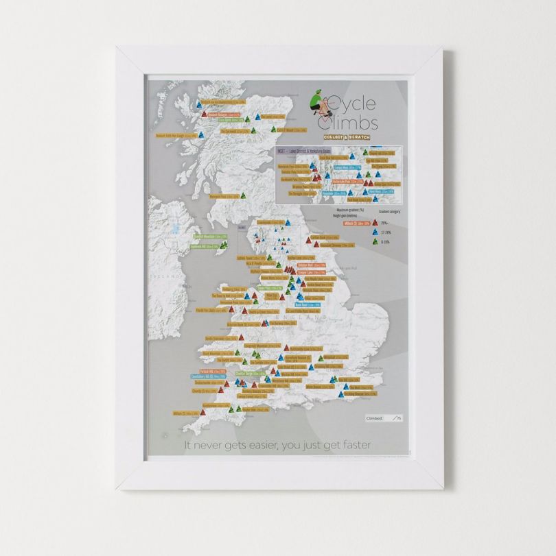 Scratch Off UK Cycle Climbs Print (Pinboard & wood frame - White)