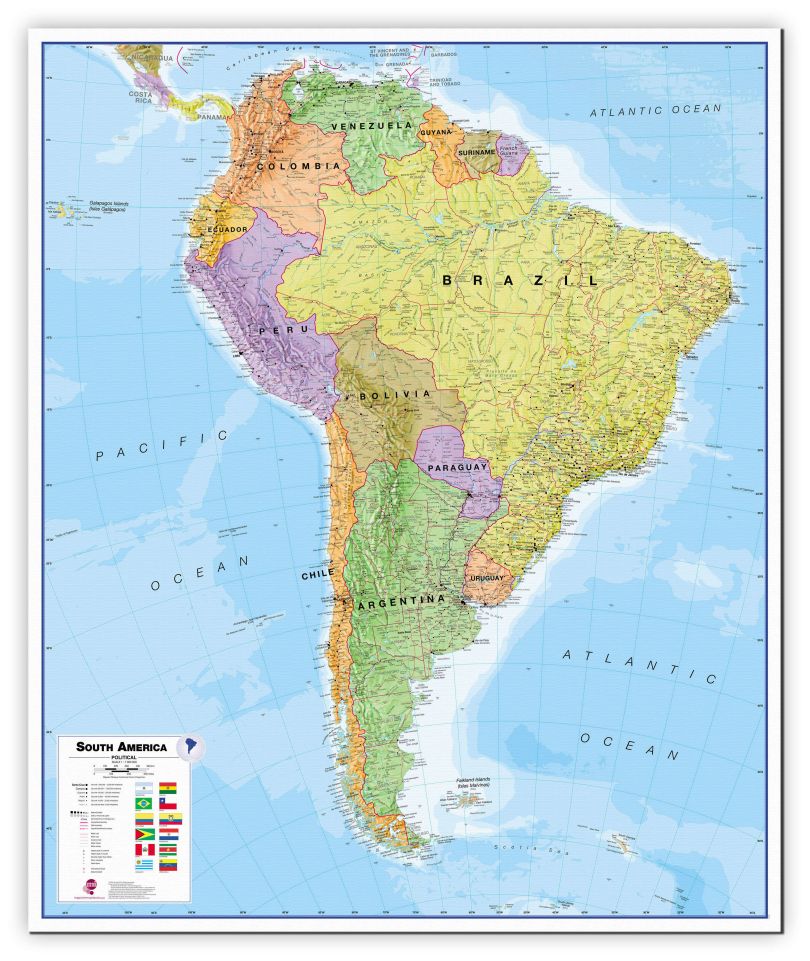Large South America Wall Map Political (Canvas)