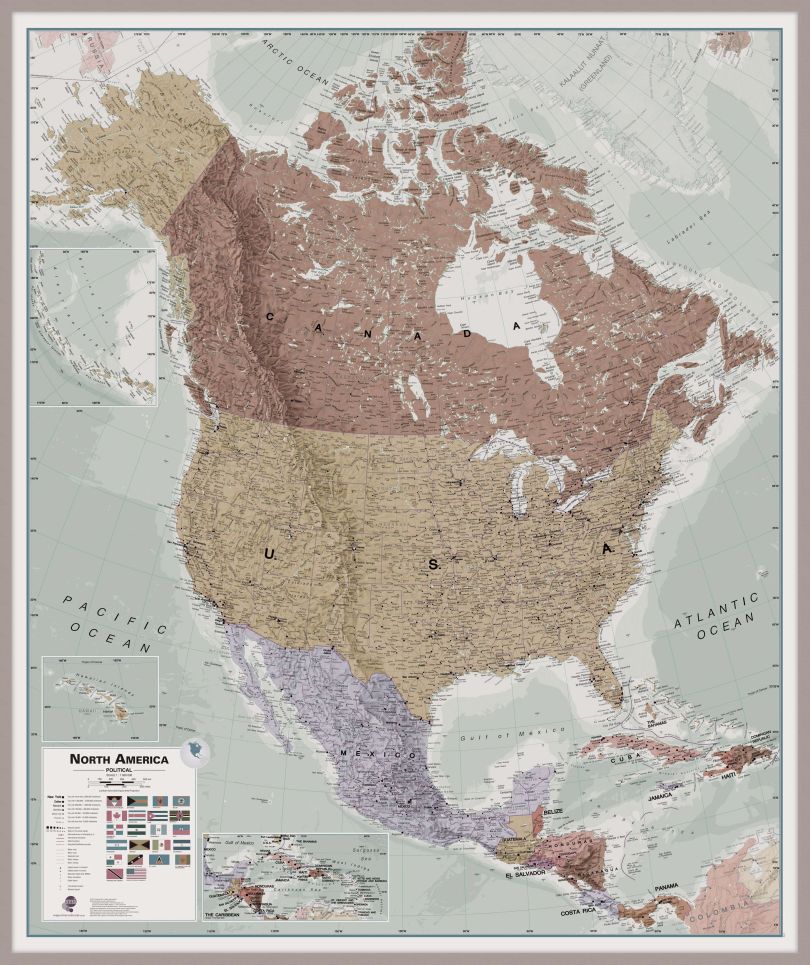 Large Executive North America Wall Map Political (Pinboard & framed - Silver)