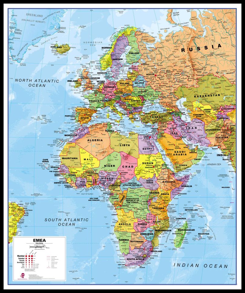 Europe Middle East Africa (EMEA) Political Map (Pinboard & framed - Black)