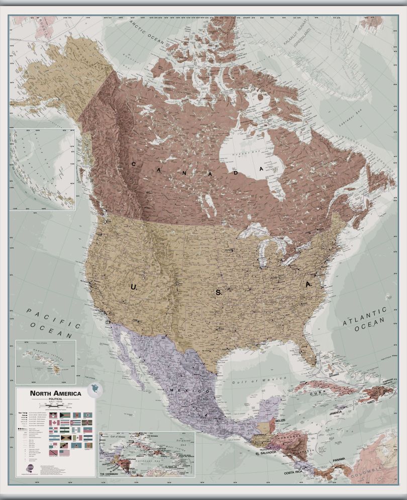 Large Executive North America Wall Map Political (Rolled Canvas with Hanging Bars)