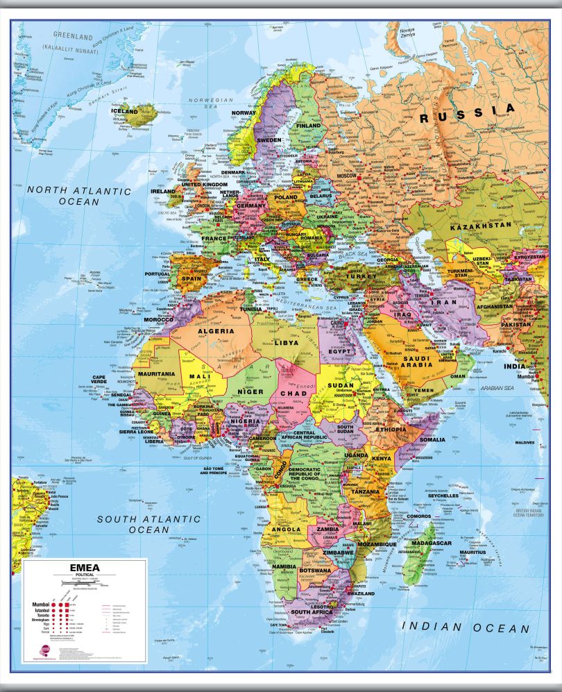 Europe Middle East Africa (EMEA) Political Map (Hanging bars)