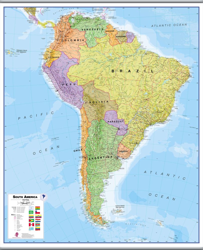 Large South America Wall Map Political (Hanging bars)