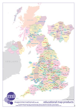 UK map with country/ county/ district/ unitary boundaries and names.