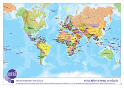 Politically coloured World map with hill shading and bathymetry.