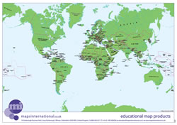 World map with 'flat' sea and country colours